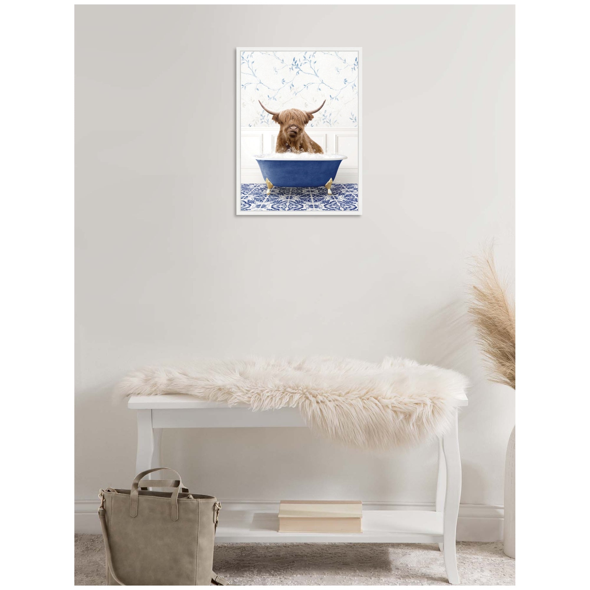 Sylvie Highland Cow in Eclectic Blue Bathtub Framed Canvas by Amy Peterson