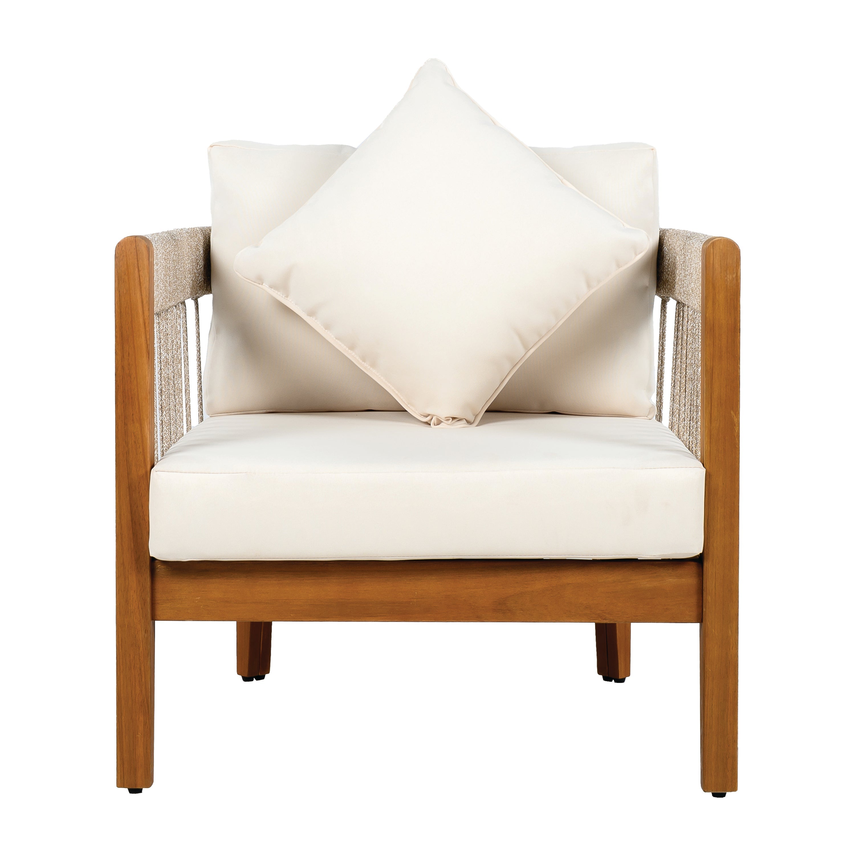 Acacia Wood Outdoor Club Chair with Handwoven Rope Accents & Curved Backrest