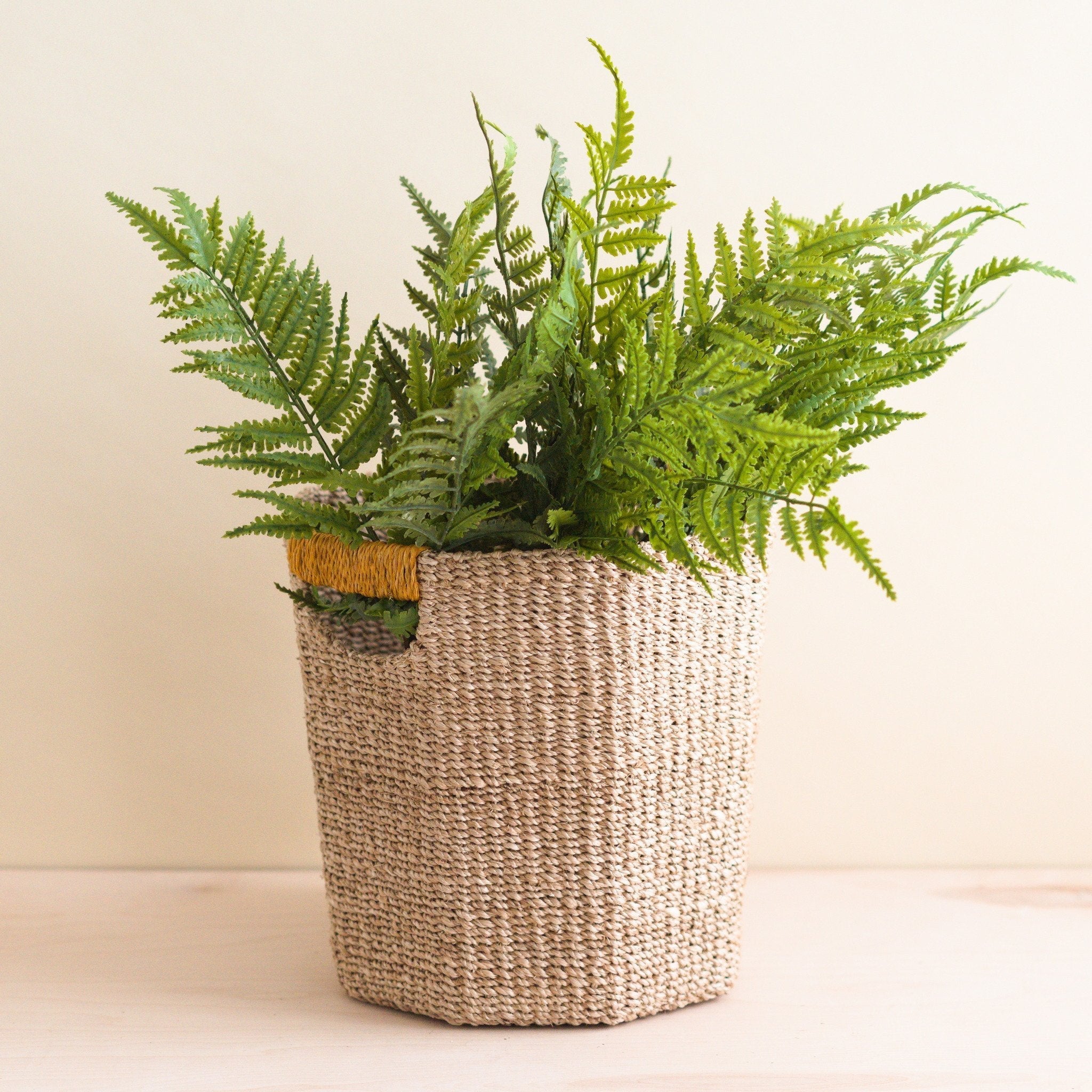 Natural Octagon Basket with Mustard Handle - Handwoven Bin | LIKHÂ
