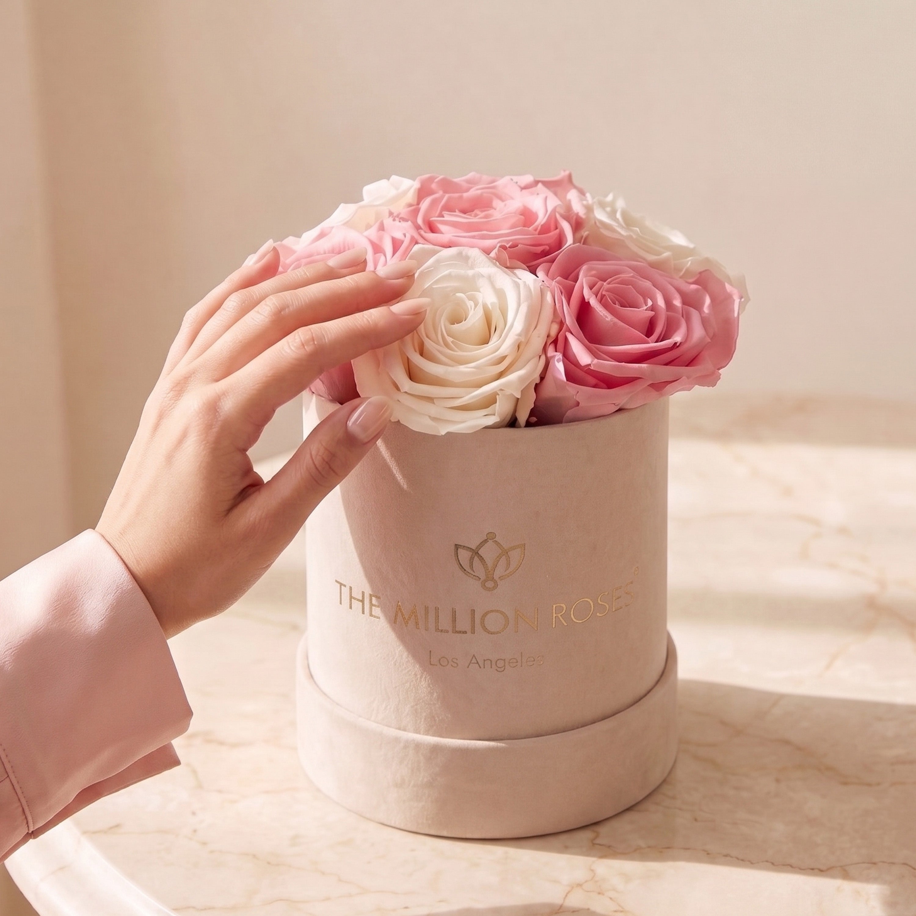 Essence Beige Suede Box | Light Pink & White Roses