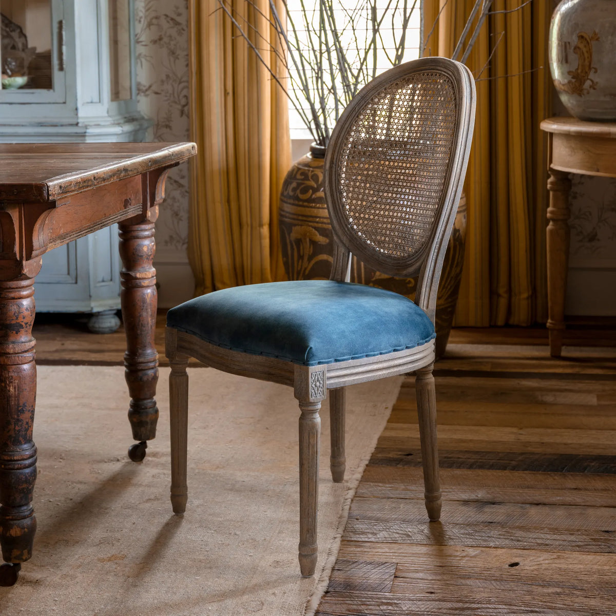 Bellamy Blue Velvet & Cane Back Dining Chair (Set of 2)