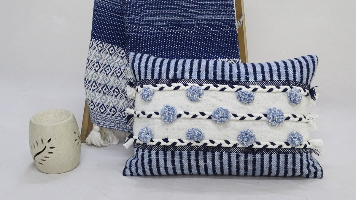 Striped Throw Pillow with Braid and Tassels 14"x20"