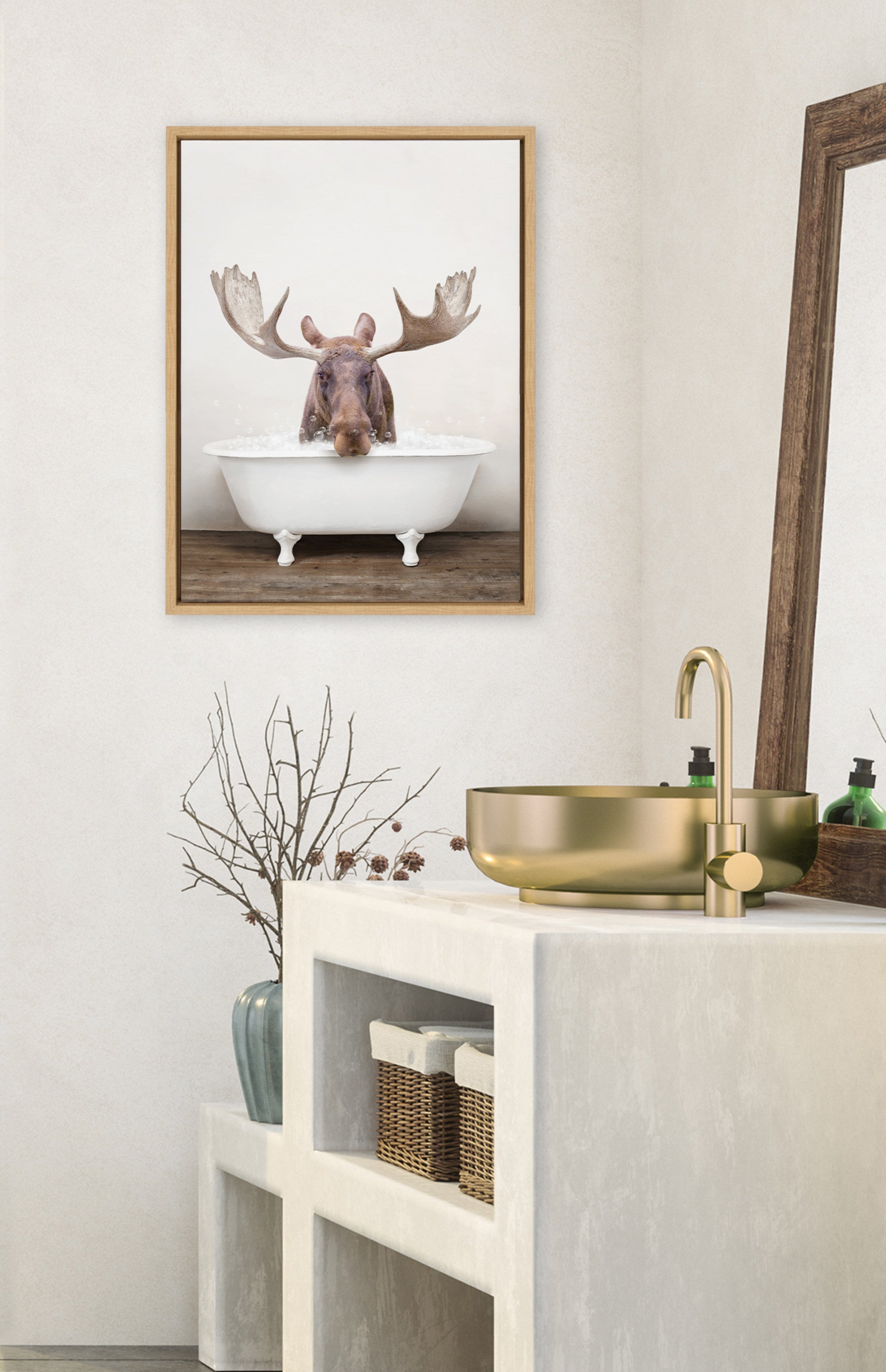 Sylvie Moose Rustic Bubble Bath Framed Canvas by Amy Peterson Art Studio