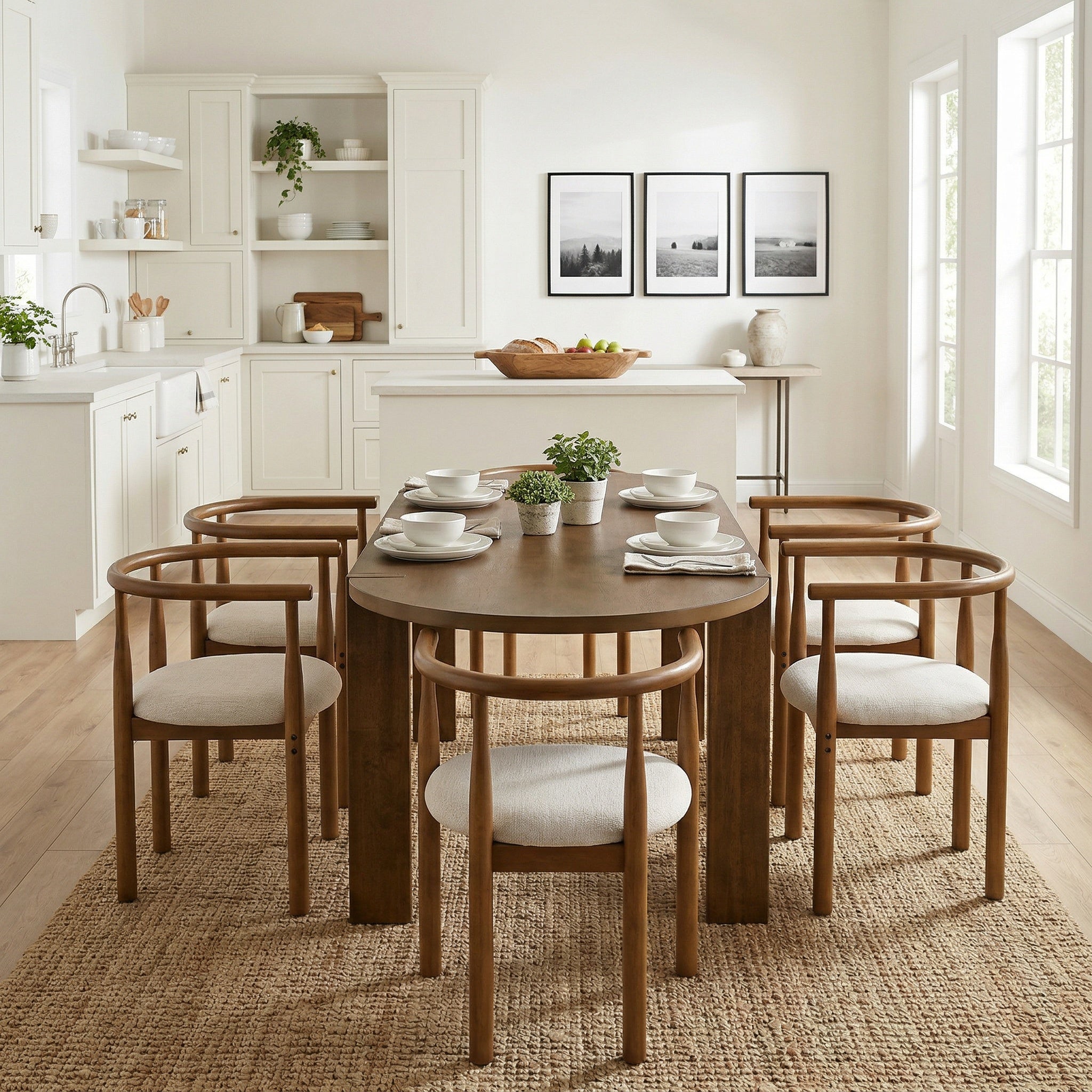 7 Pieces Modern Oval Dining Set, Rustic Farmhouse Solid Wood