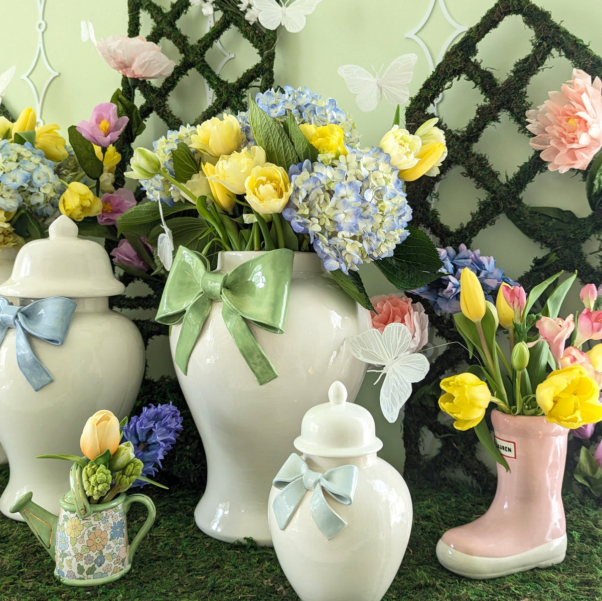 Ginger Jars with Sculpted Ceramic Bow in French Blue
