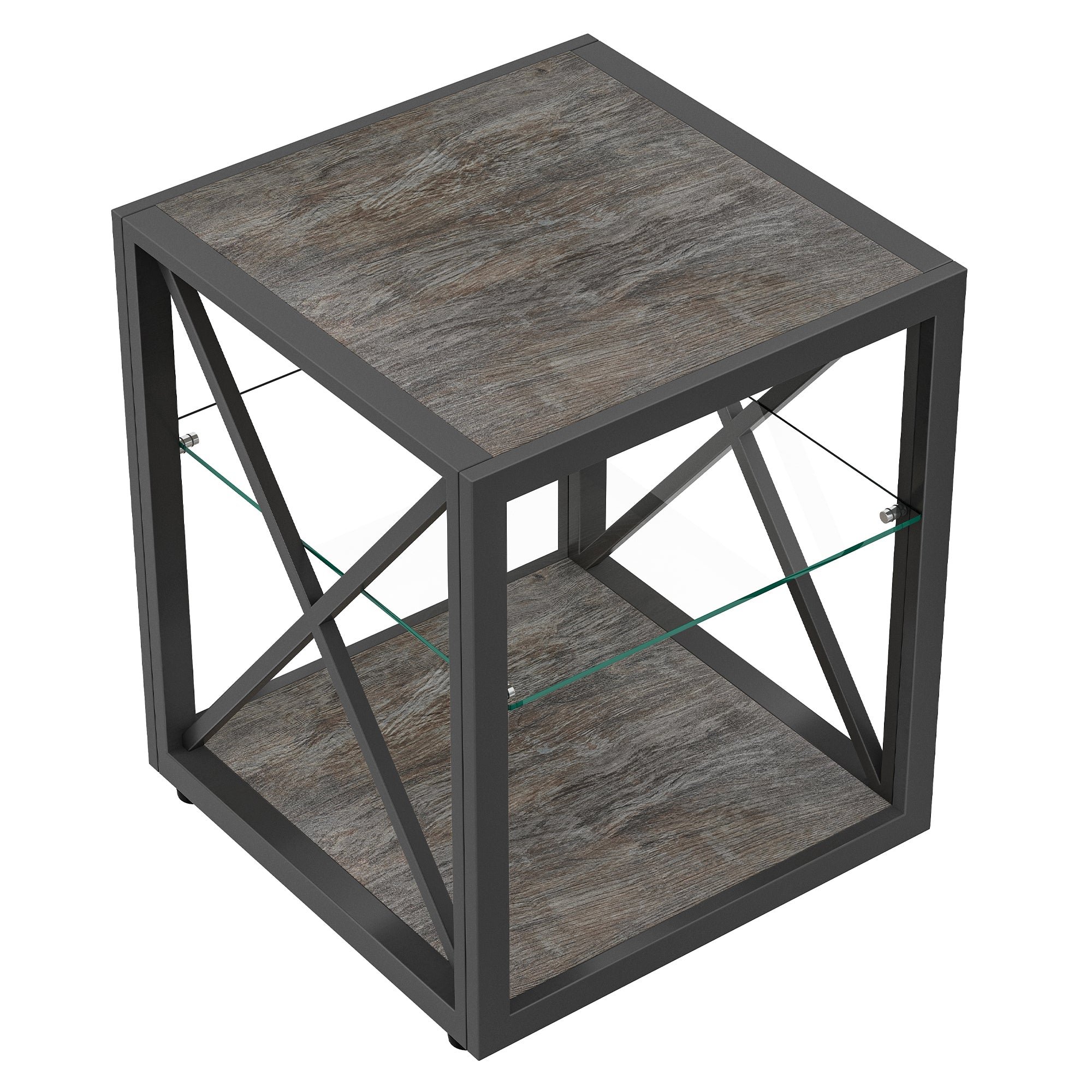 Modern End Table Nightstand with Tempered Glass & Wood Grain MDF
