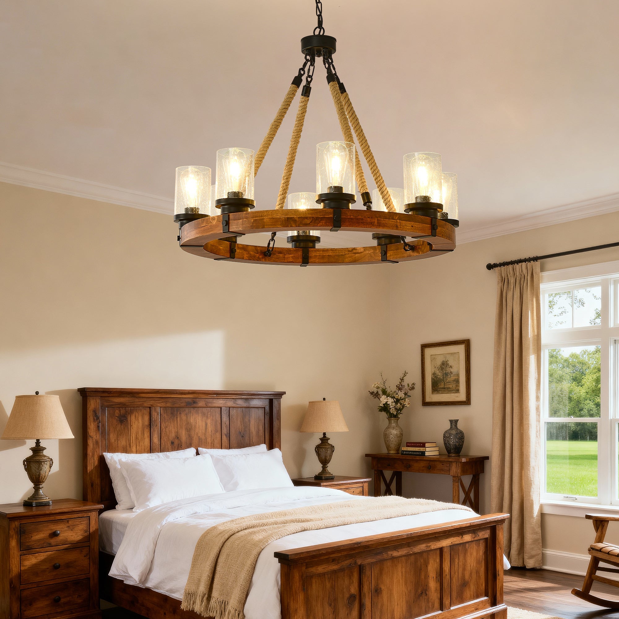 8 Light Rustic Wagon Wheel Chandelier, 31" Wooden Pendant Light with Seeded Glass Shade