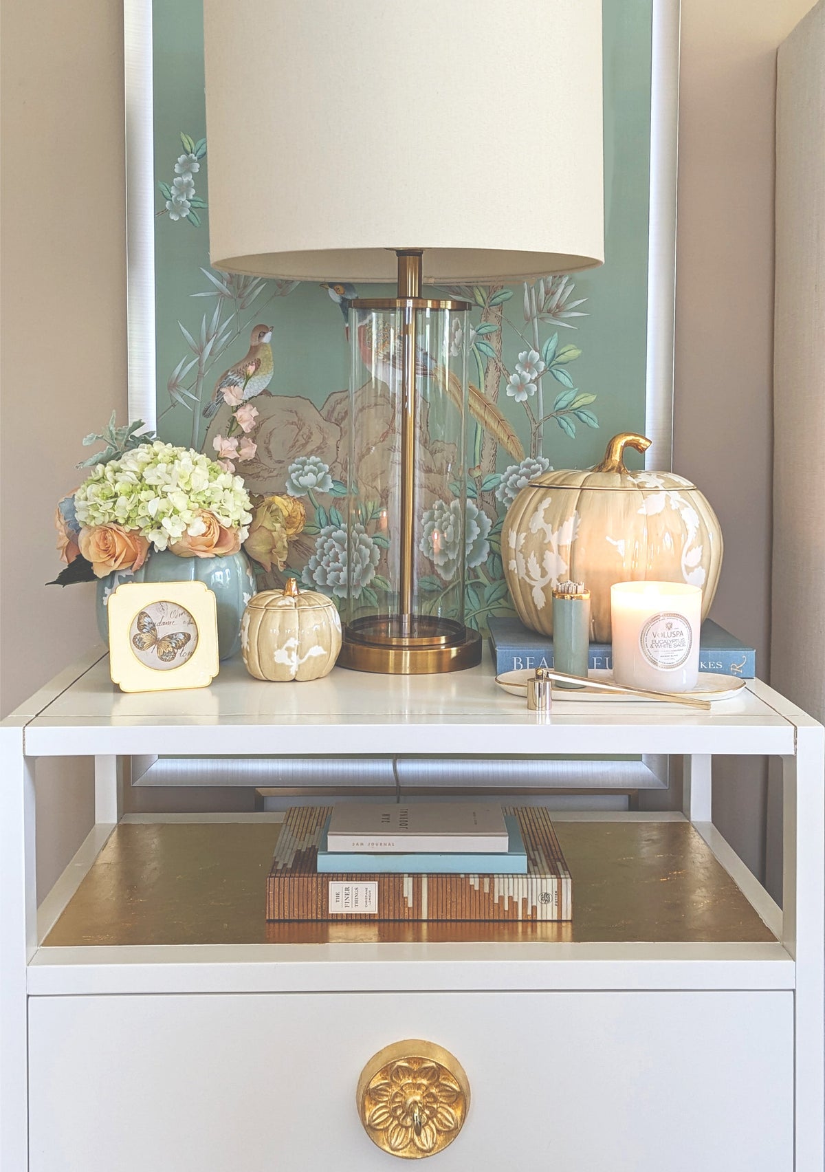 Chinoiserie Pumpkin Jars with 22K Gold Accents in Lamb's Ear