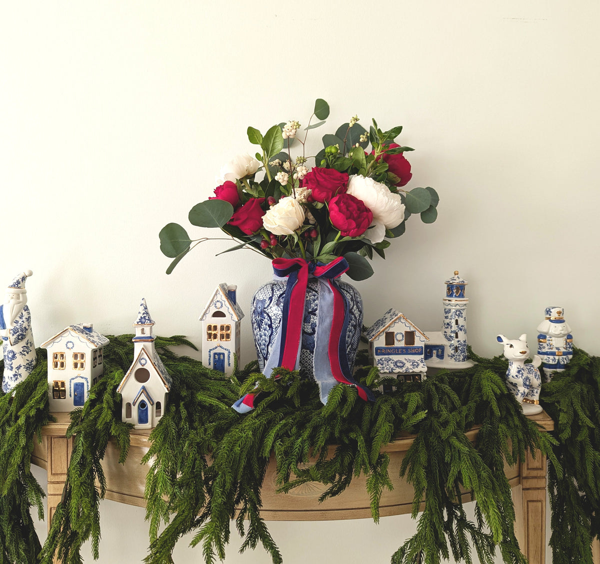 Blue and White Toile Lighthouse with 22K Gold Accents