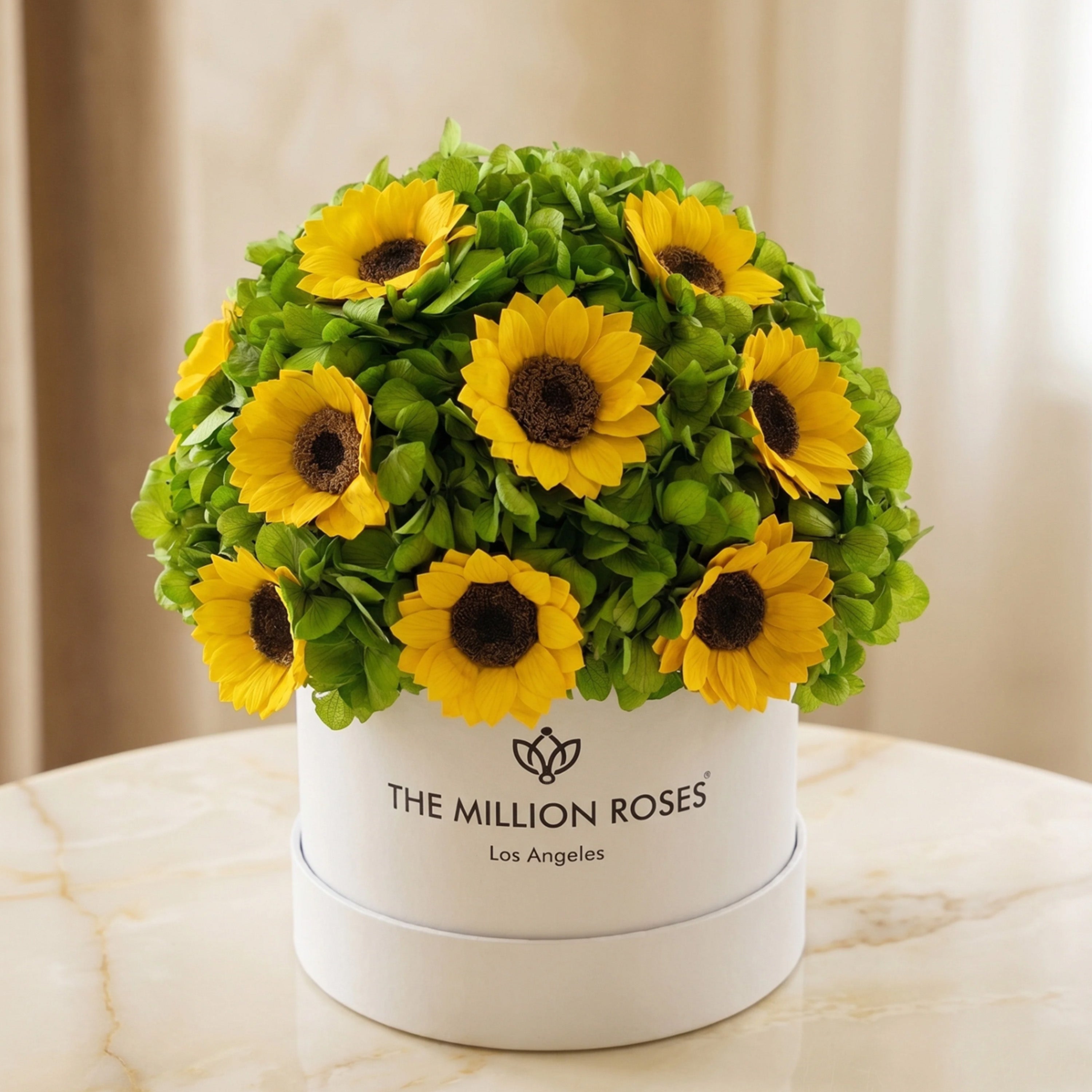 Classic White Box | Green Hydrangeas & Sunflowers