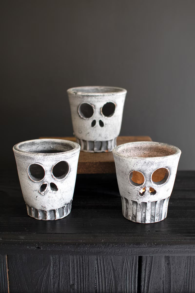 Whitewashed Clay Skull Votive Set of 6