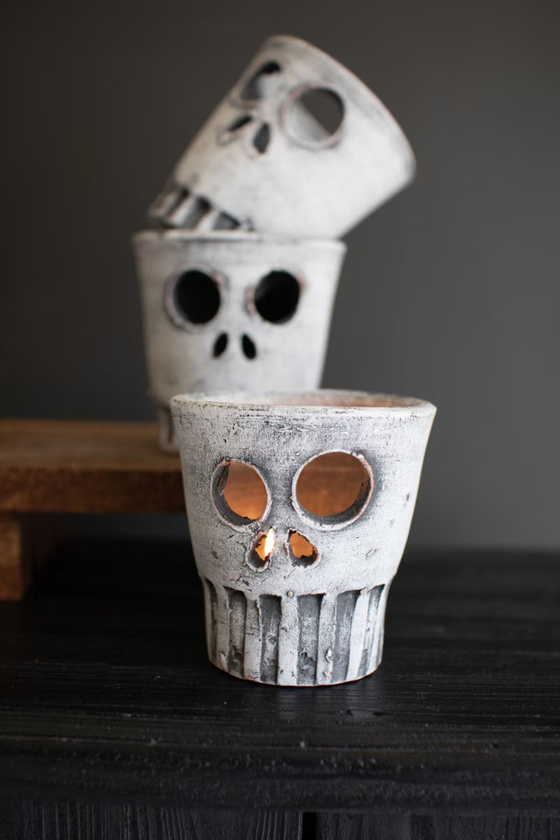 Whitewashed Clay Skull Votive Set of 6