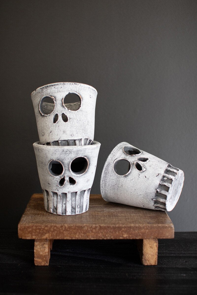 Whitewashed Clay Skull Votive Set of 6