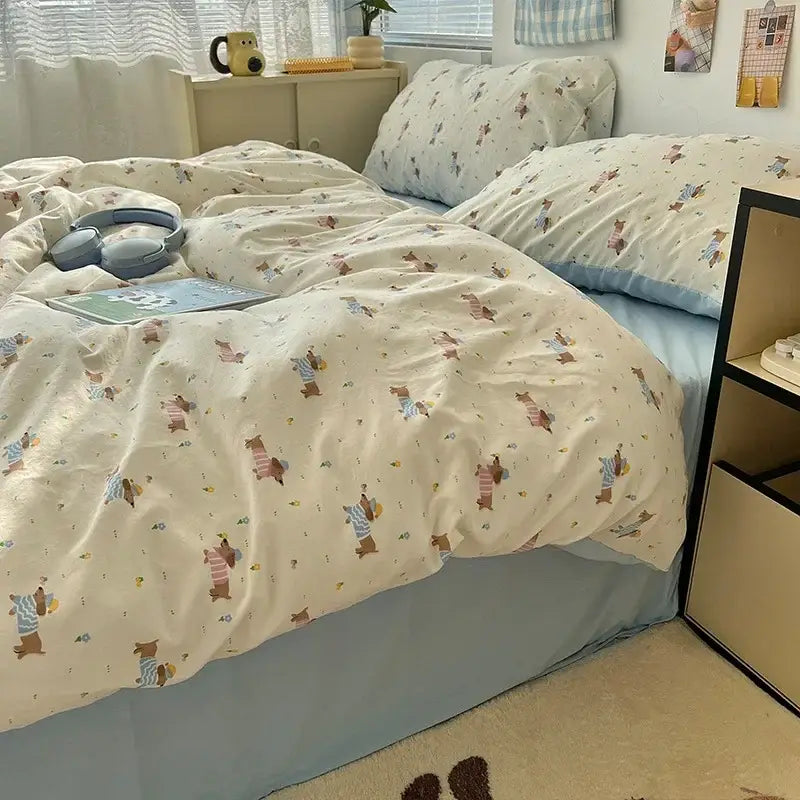Cream cartoon bear pattern printed bedding set bedroom decor