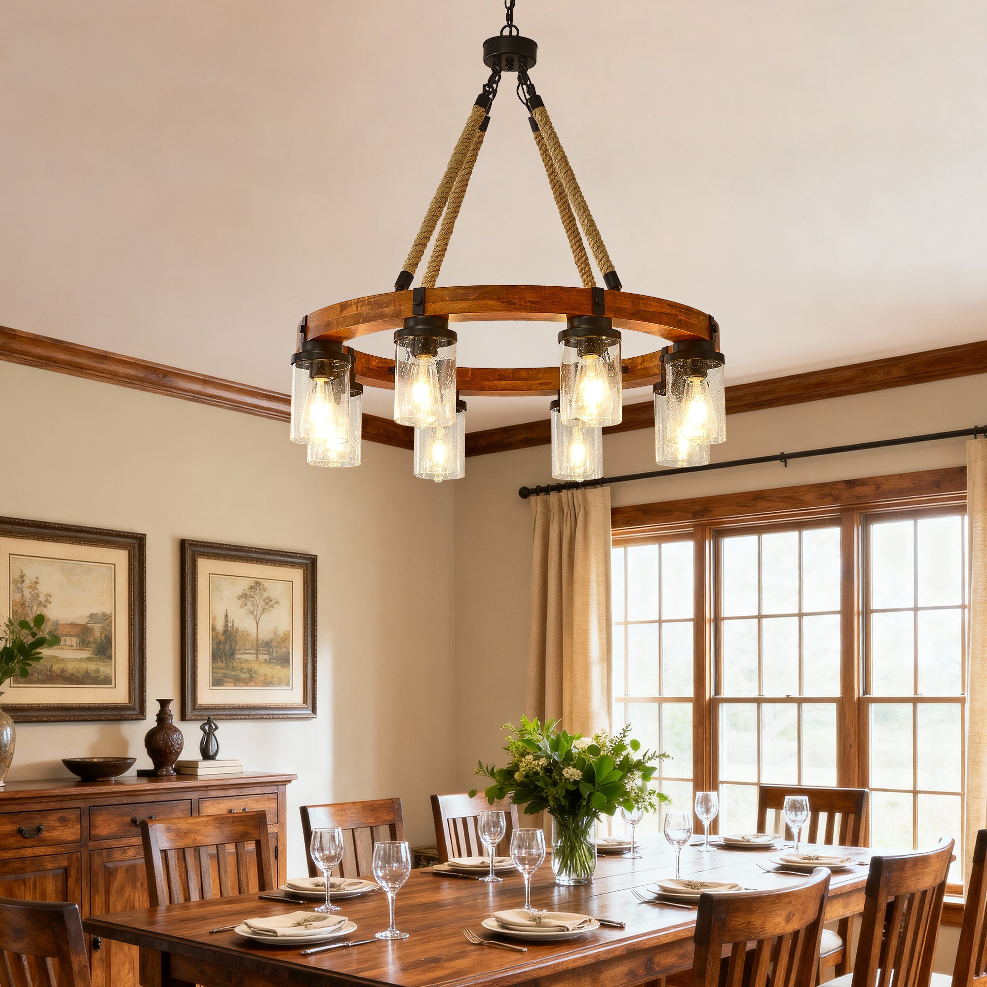8 Light Rustic Wagon Wheel Chandelier, 31" Wooden Pendant Light with Seeded Glass Shade