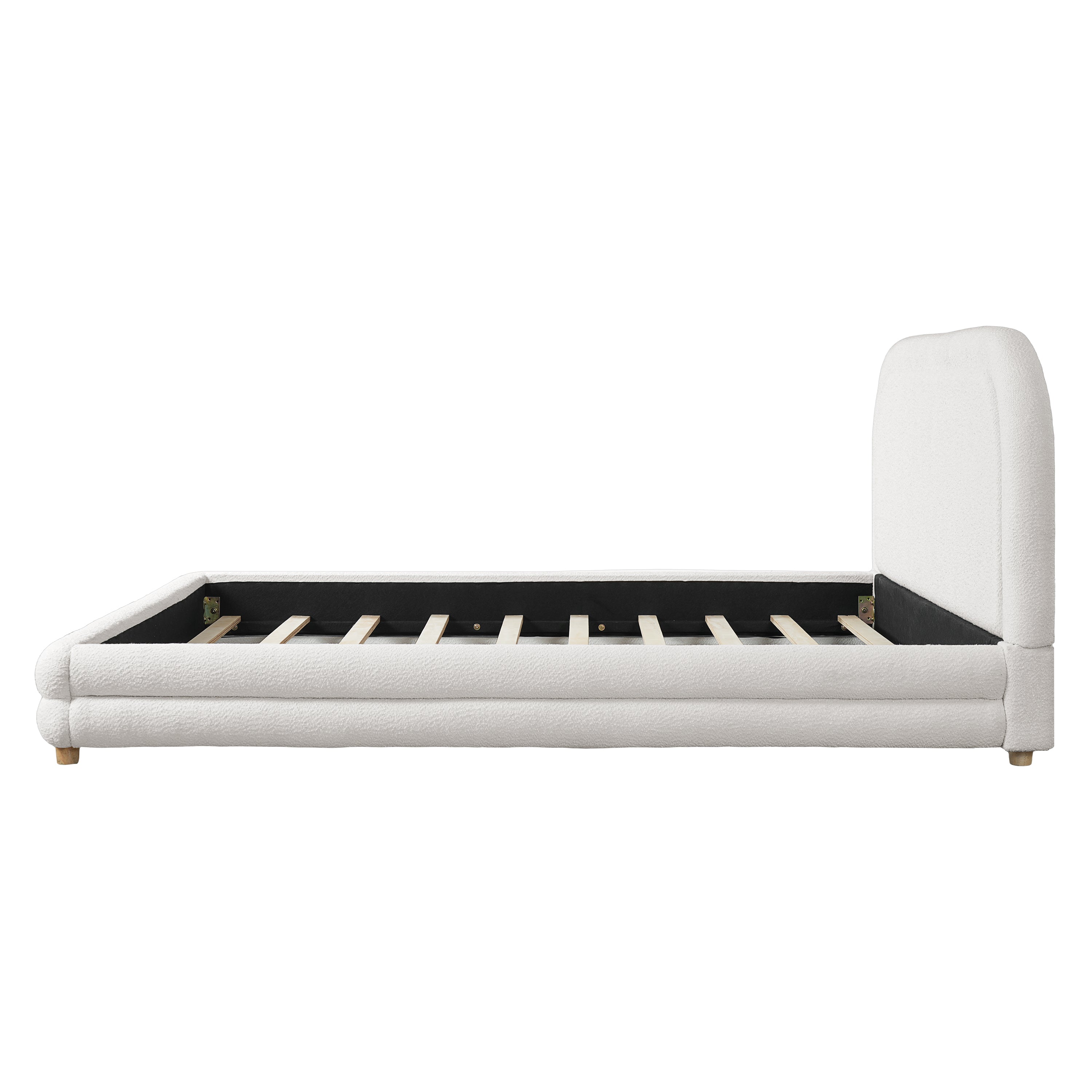 Queen Size Bed Frame With Boucle Upholstered Thick Curved Headboard, Solid Wood Legs