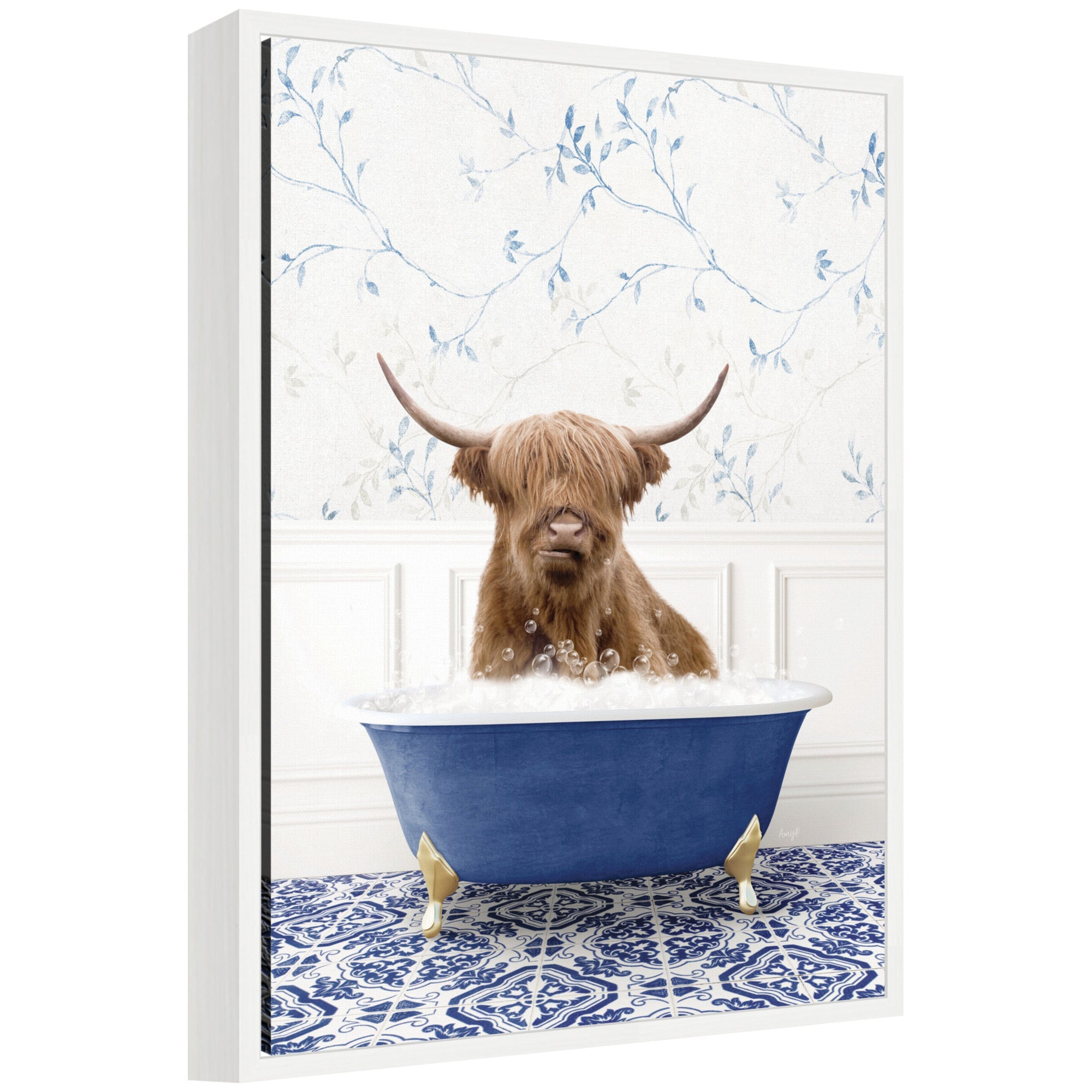 Sylvie Highland Cow in Eclectic Blue Bathtub Framed Canvas by Amy Peterson