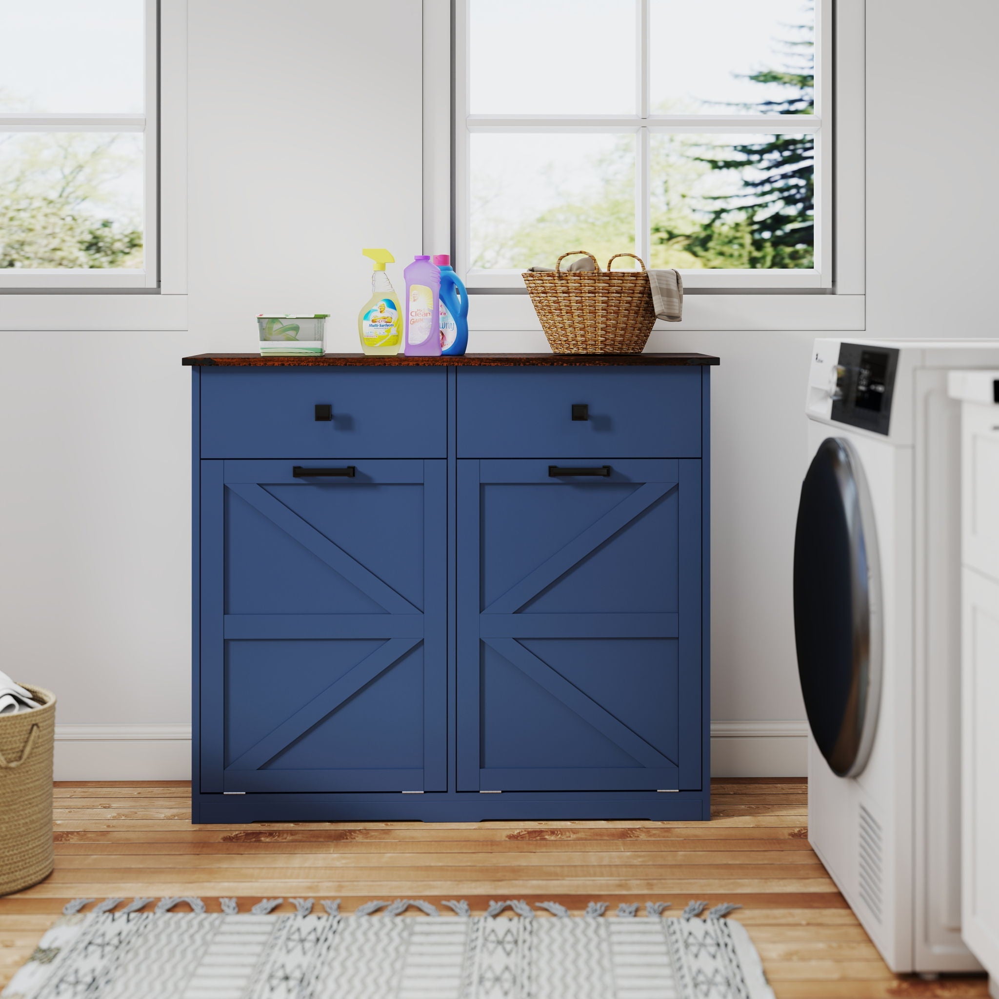 Double Tilt Out Trash Cabinet With Hideaway Drawer And Barn Door Style