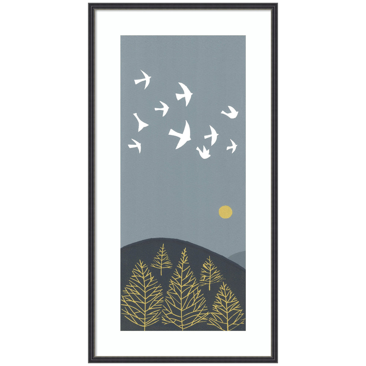 Framed Art Hilltop Flight Linocut Bird by Giuliana Lazzerini