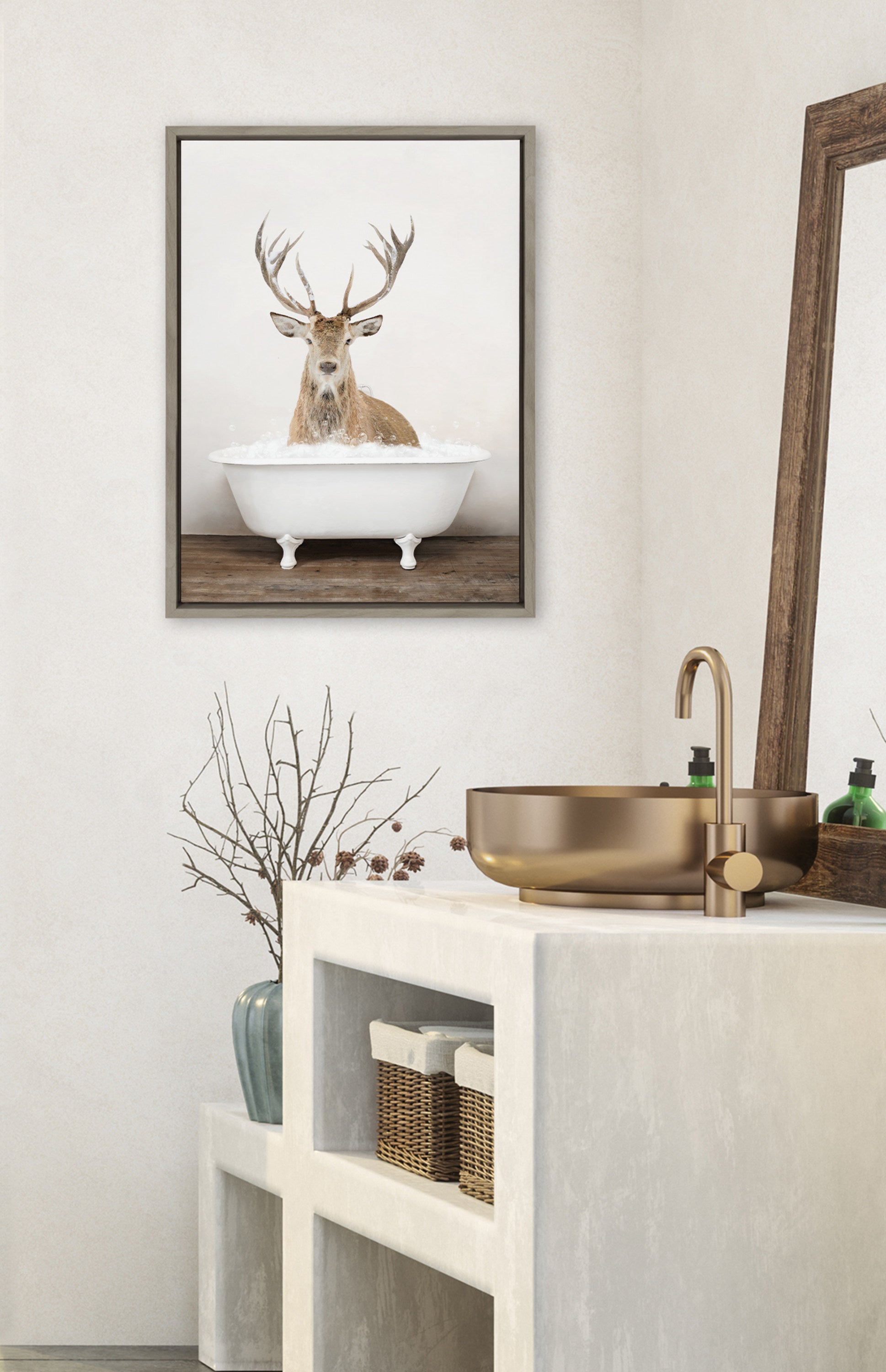 Sylvie Male Deer in Rustic Bath Framed Canvas by Amy Peterson Art Studio