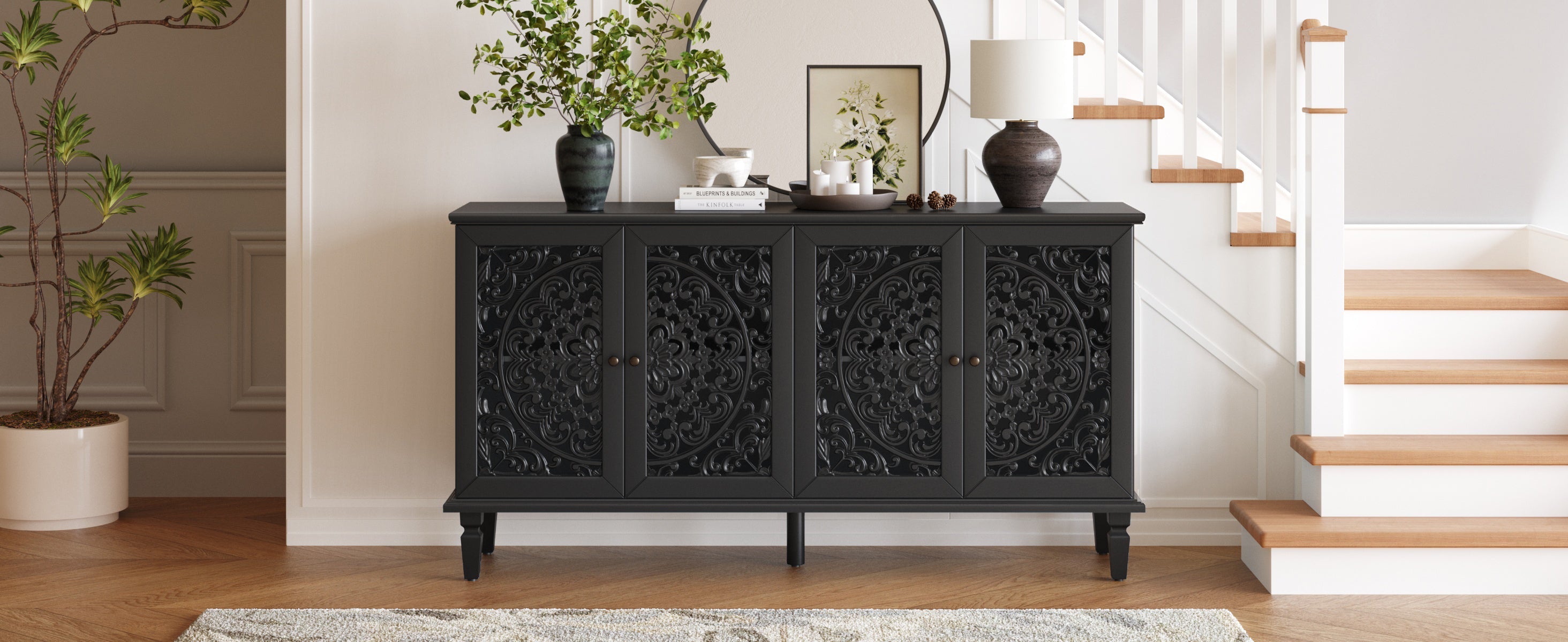 60" Antique Buffet Cabinet with Floral Carvings