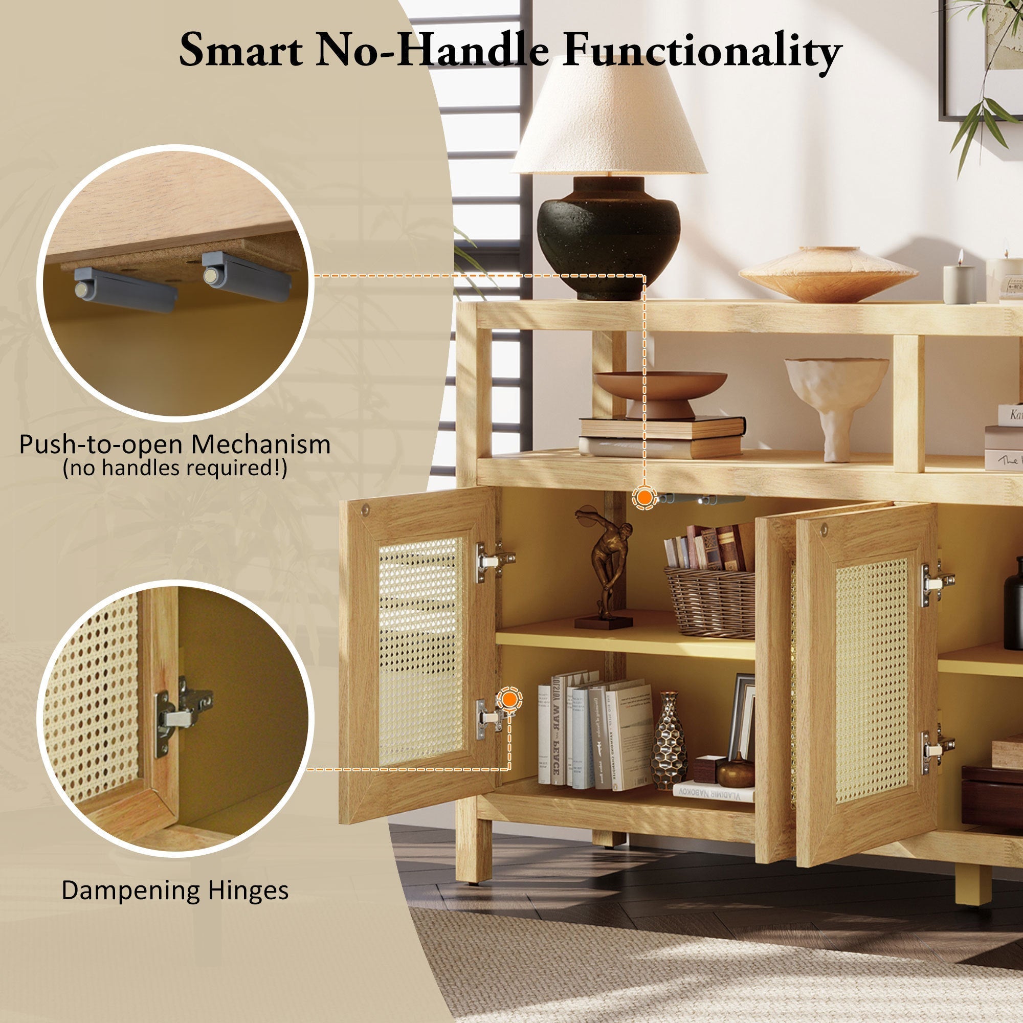 Bohemian Style Rattan Buffet Storage Cabinet with Solid Wood Frame