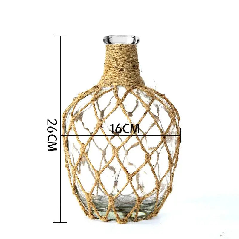 Rustic hanging glass vase with twine and metal handle β living room