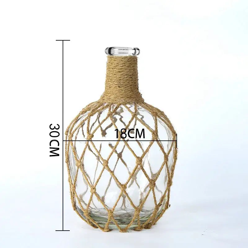 Rustic hanging glass vase with twine and metal handle β living room