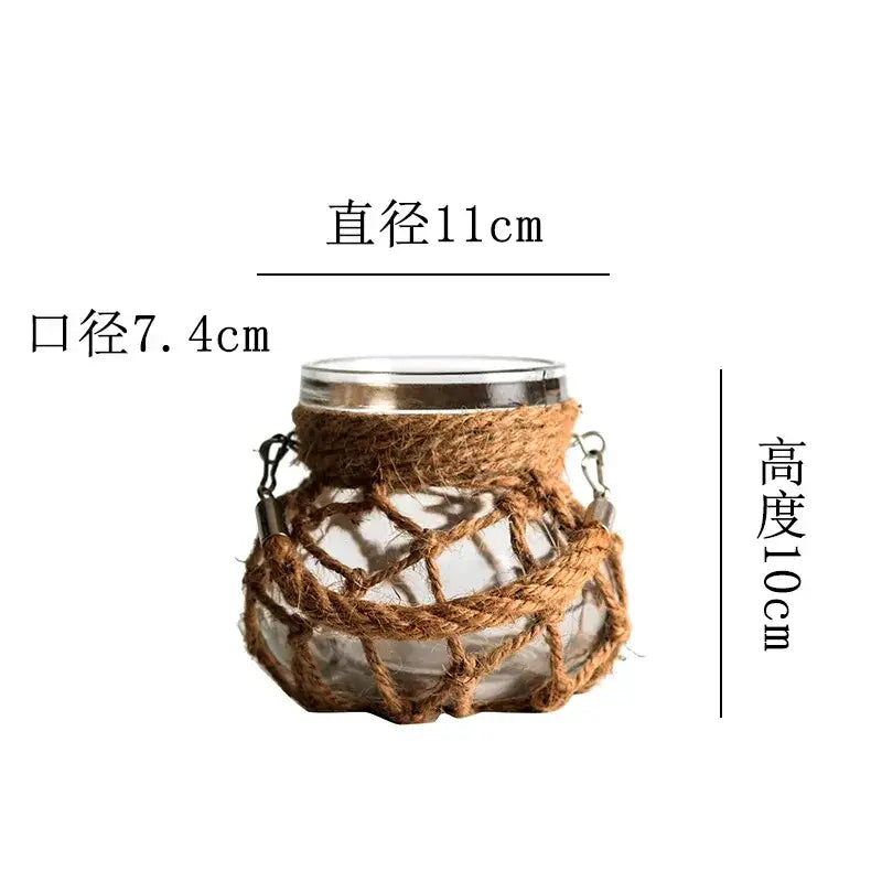 Rustic hanging glass vase with twine and metal handle β living room