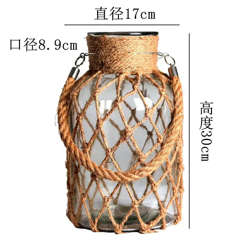 Rustic hanging glass vase with twine and metal handle β living room