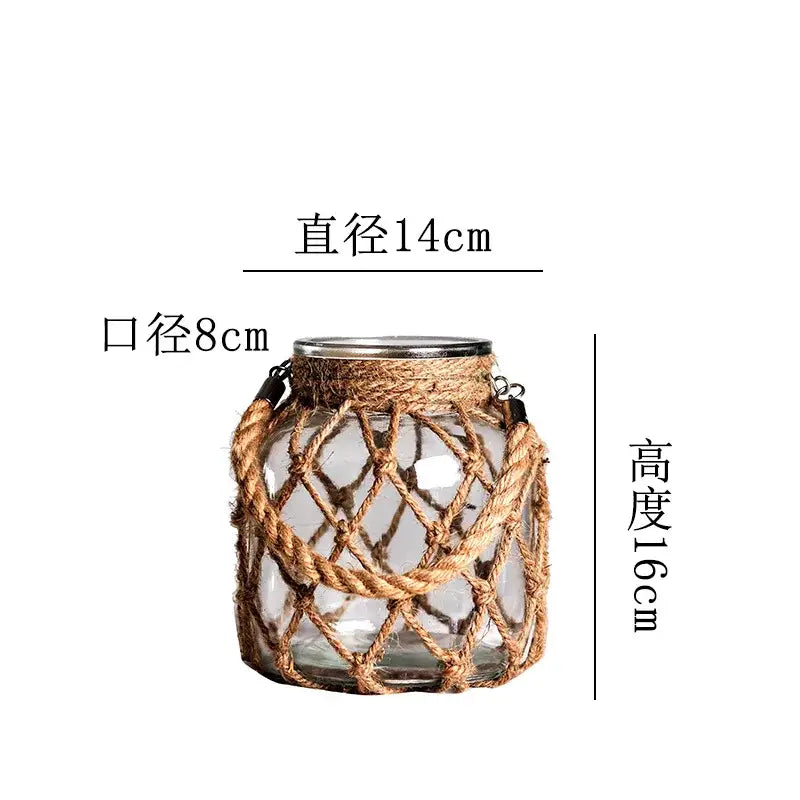 Rustic hanging glass vase with twine and metal handle β living room