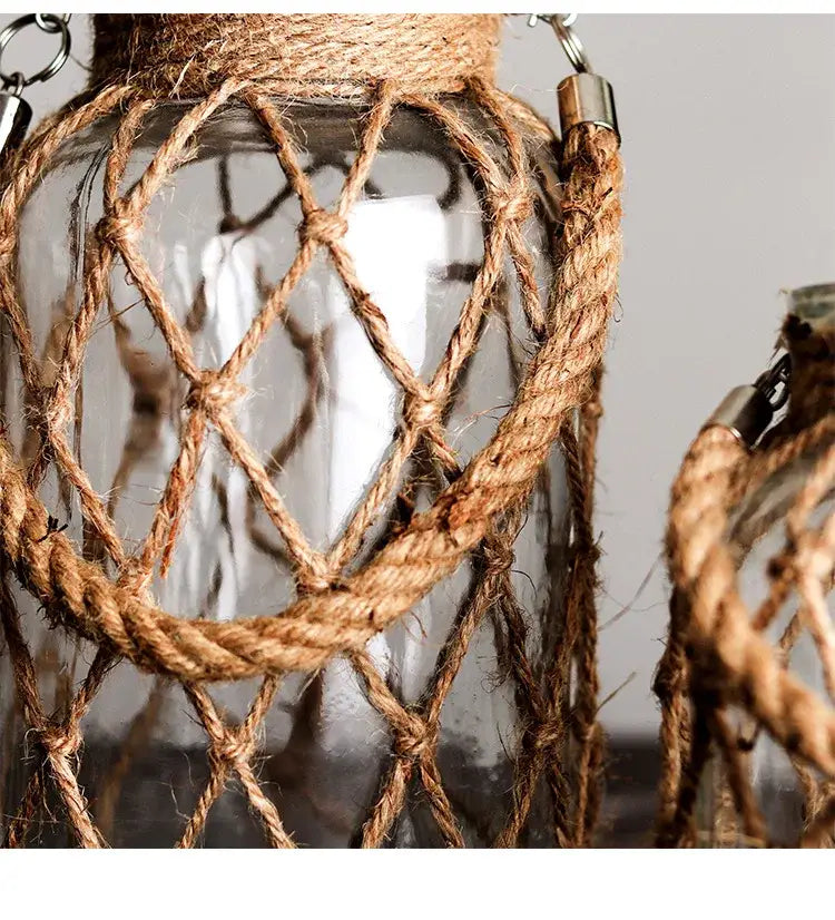 Rustic hanging glass vase with twine and metal handle β living room