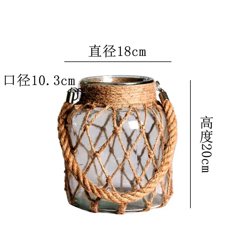 Rustic hanging glass vase with twine and metal handle β living room