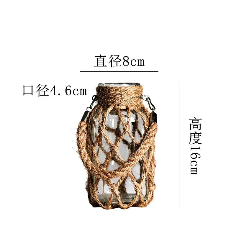 Rustic hanging glass vase with twine and metal handle β living room