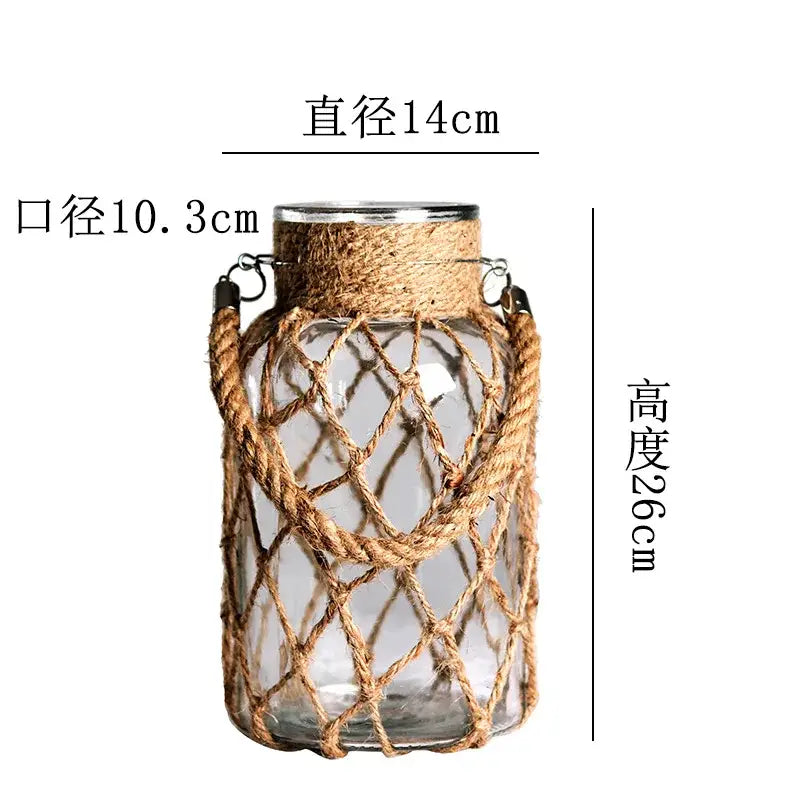 Rustic hanging glass vase with twine and metal handle β living room