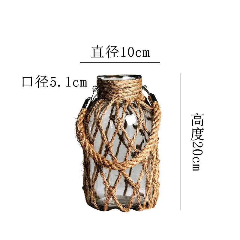 Rustic hanging glass vase with twine and metal handle β living room