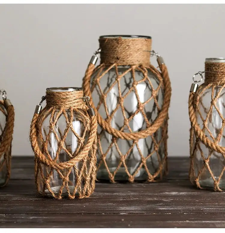 Rustic hanging glass vase with twine and metal handle β living room