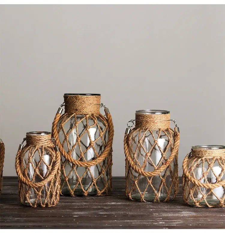 Rustic hanging glass vase with twine and metal handle β living room