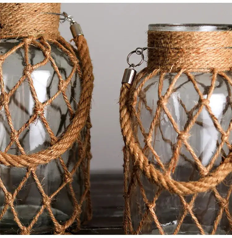 Rustic hanging glass vase with twine and metal handle β living room