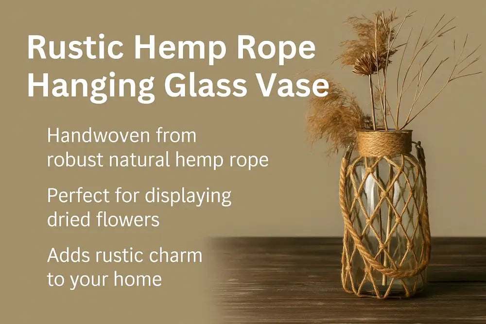 Rustic hanging glass vase with twine and metal handle β living room