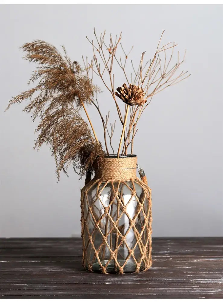 Rustic hanging glass vase with twine and metal handle β living room