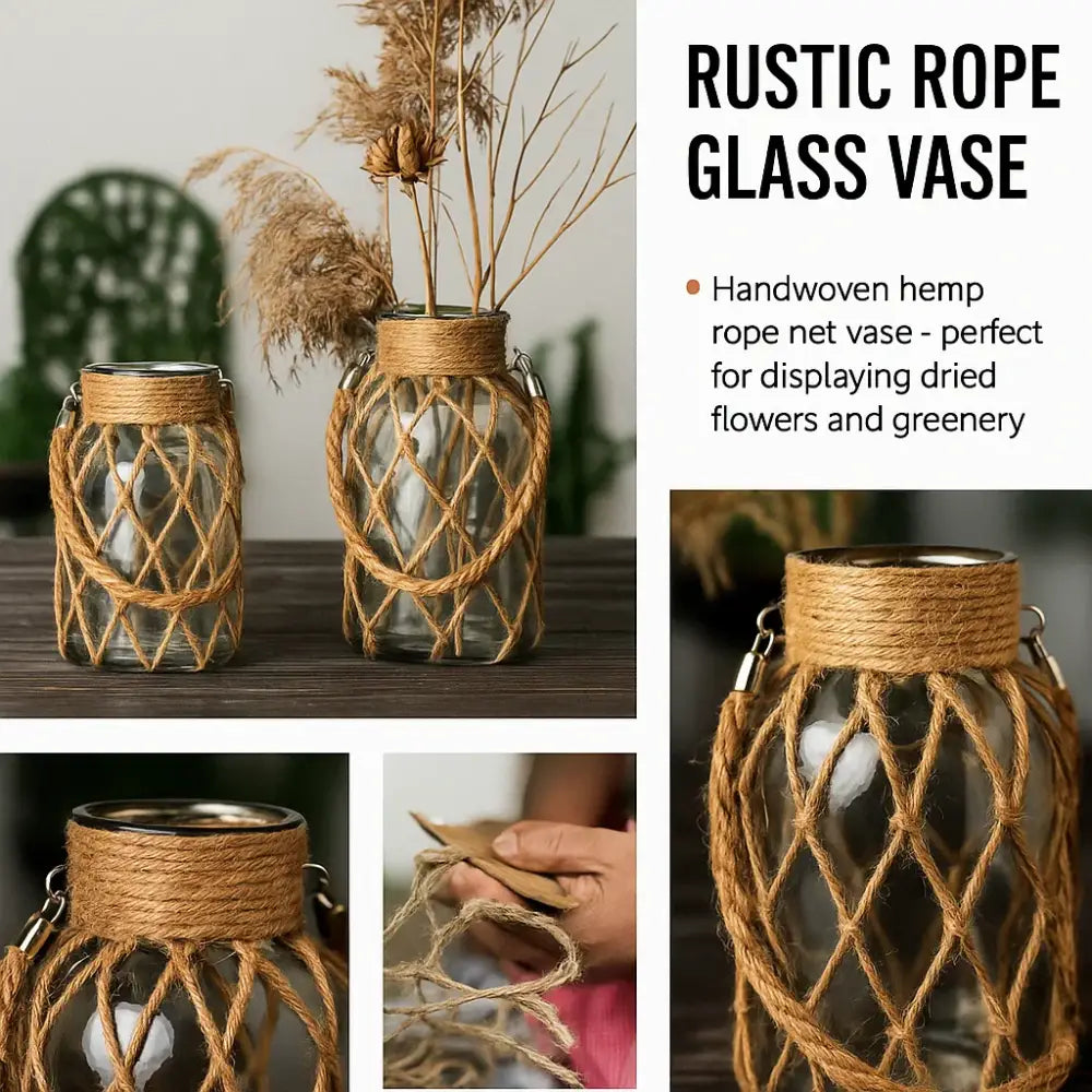 Rustic hanging glass vase with twine and metal handle β living room