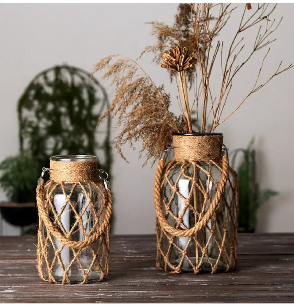 Rustic hanging glass vase with twine and metal handle β living room