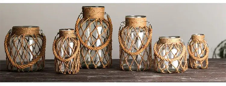 Rustic hanging glass vase with twine and metal handle β living room