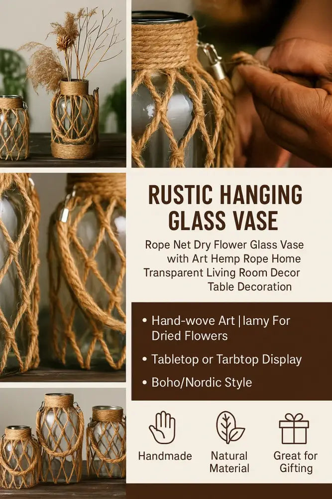 Rustic hanging glass vase with twine and metal handle β living room
