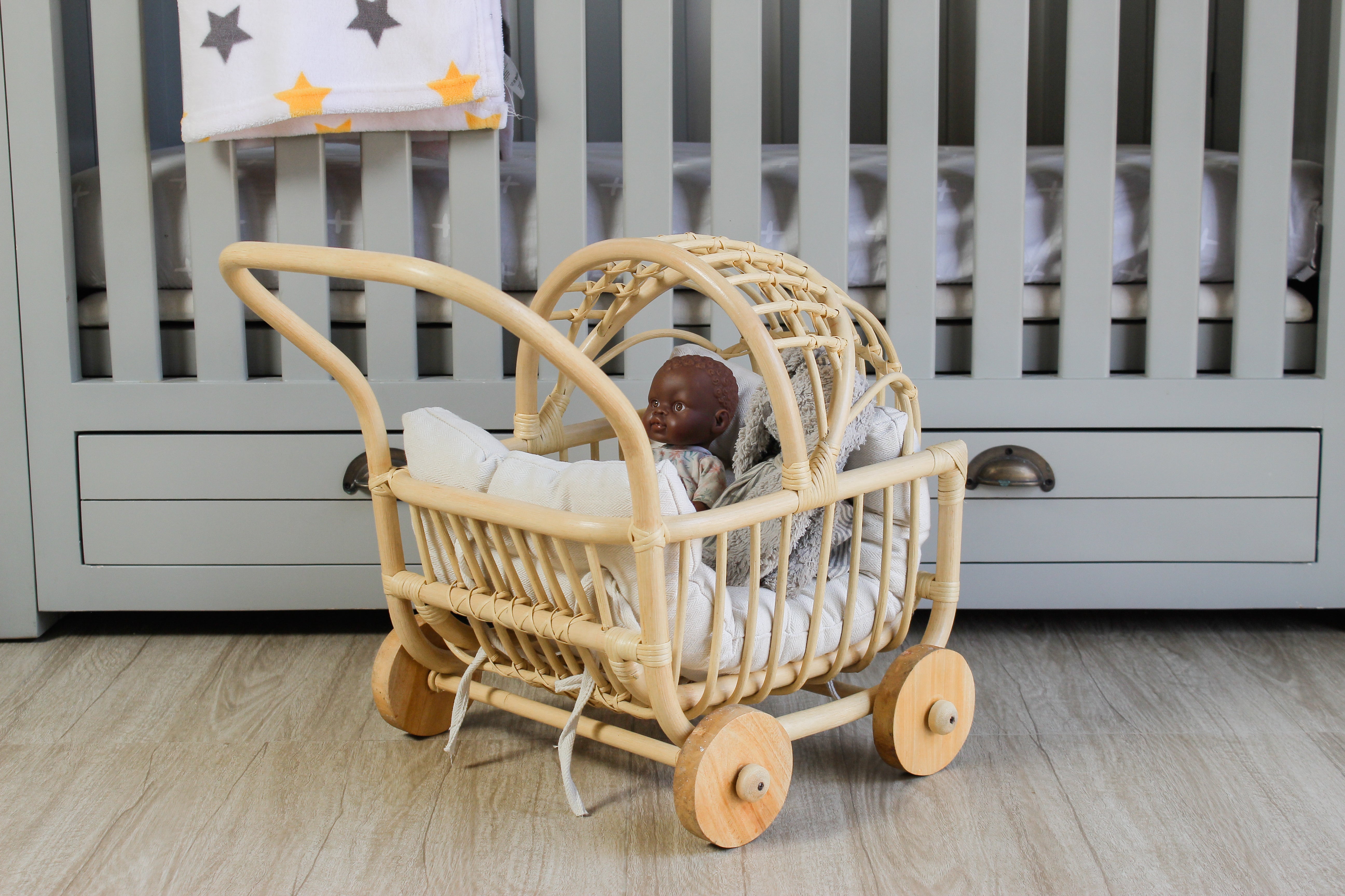 Rattan Doll Stroller – Handmade Boho Doll Pram for Imaginative Play