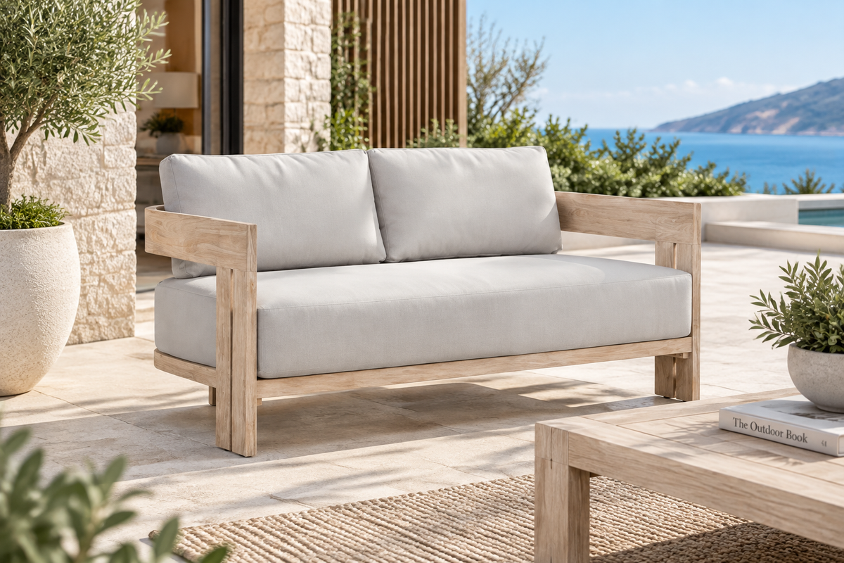 Paradiso Outdoor Solid Teak Wood Love seat - Light Gray Fabric