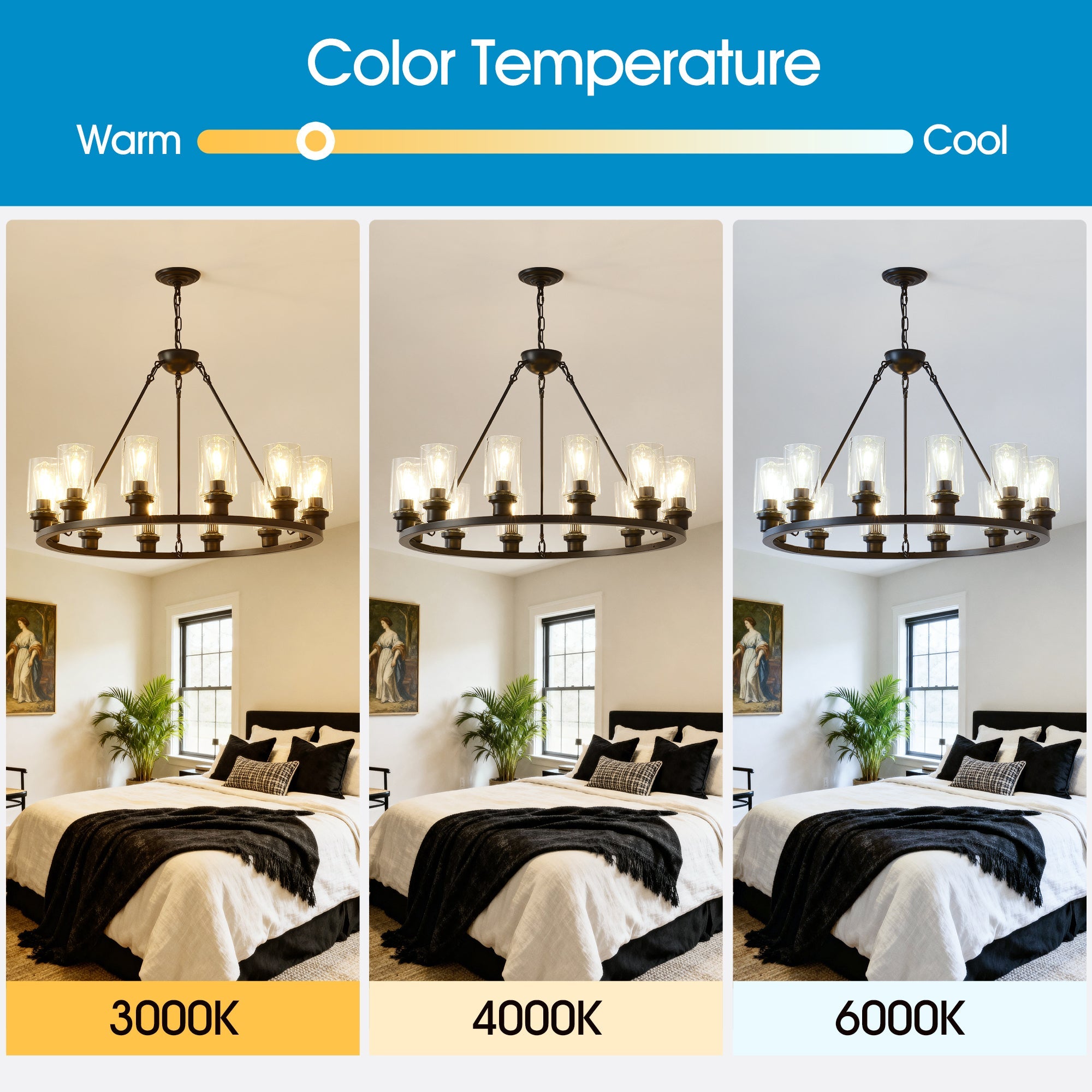 12-Light Black Wagon Wheel Chandelier, 31.5" Modern Farmhouse Glass Pendant