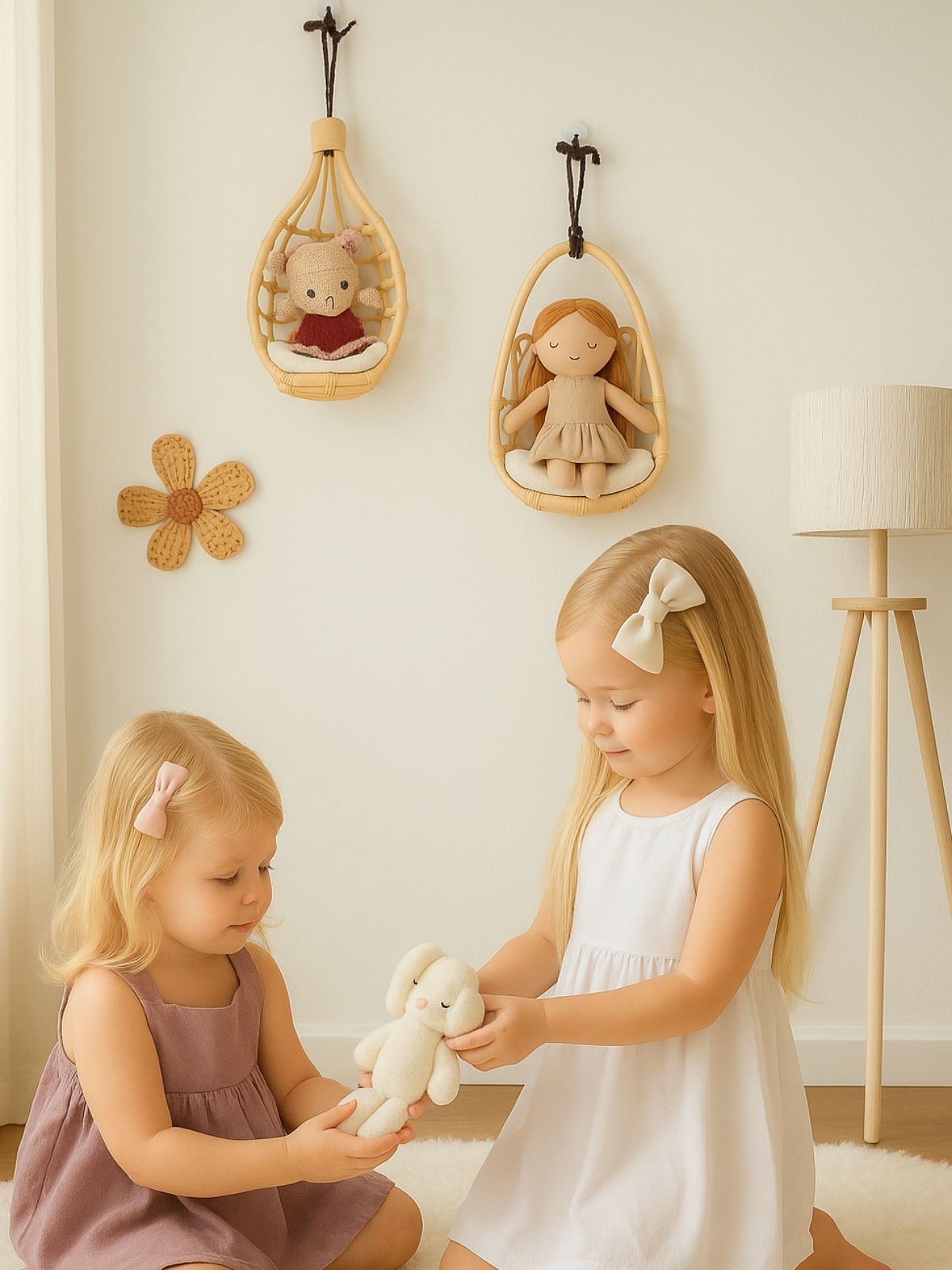 Boho Rattan Doll Wall Chair – Handwoven Nursery Wall Decor & Pretend Play Seat for Girls