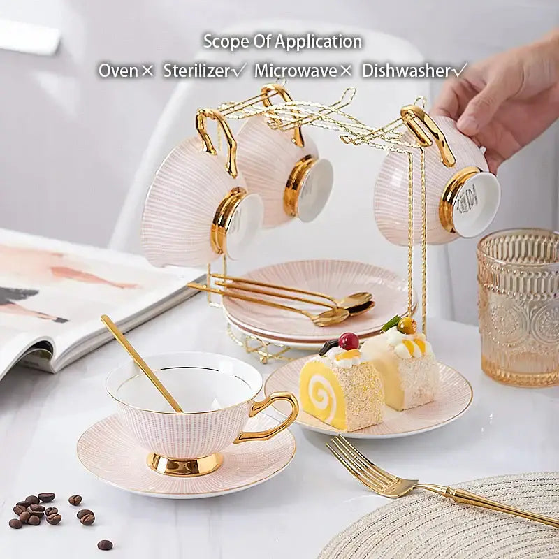 Elegant gold porcelain tea set dining room rack with bird figurine